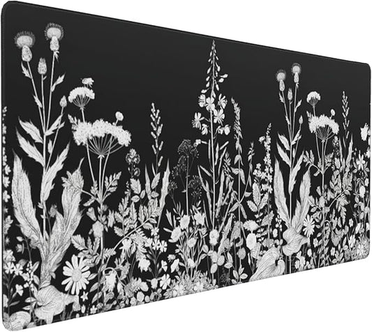 Large Floral Mouse Pad for Women, Black White XXL Desk Mat with Anti-Slip & Stitched Edges, Aesthetic Desk Pad for Keyboard and Mouse, Cute Office Supplies & Home Decor for Computer Desktop