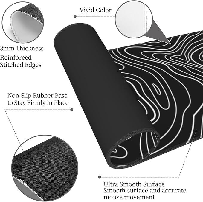 Topographic Map Black Gaming Mouse Pad Desk Mat for Home and Office, Large Mousepad Extended Keyboard Pad Stitched Edge Accessories Decor