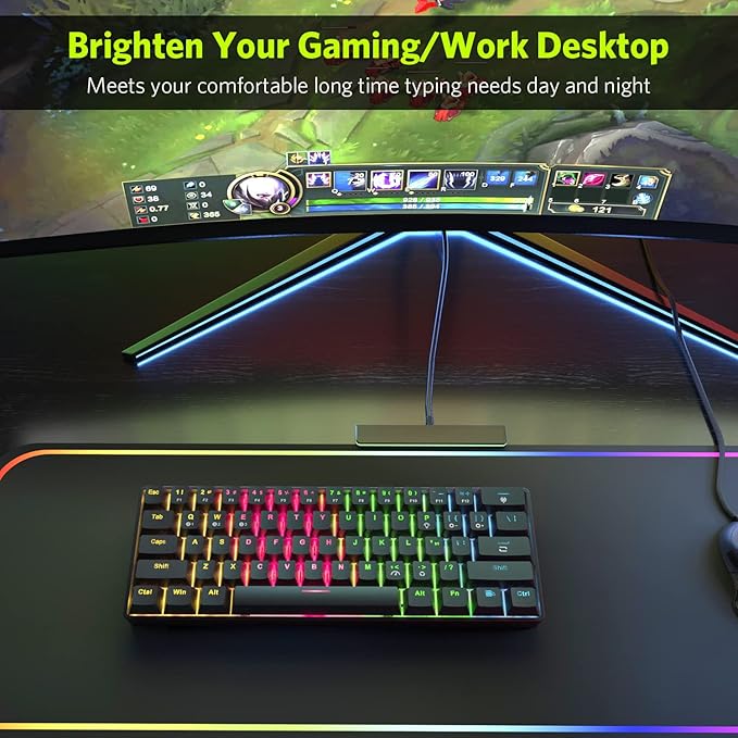61 Keys RGB Wireless and Wired Mechanical Gaming Keyboard with Blue Switches, Audible Click Sound Rainbow Portable Compact Mini Office Keyboard for Windows PC Gaming, (F-SG61)