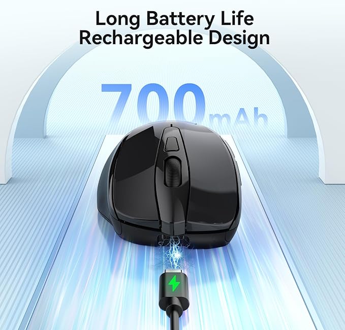TECKNET Rechargeable Jiggler Wireless Mouse (BT5.0/3.0 & 2.4G) 4800 DPI Silent USB A & Bluetooth Mouse 6 Buttons, Wide Compatibility - Black