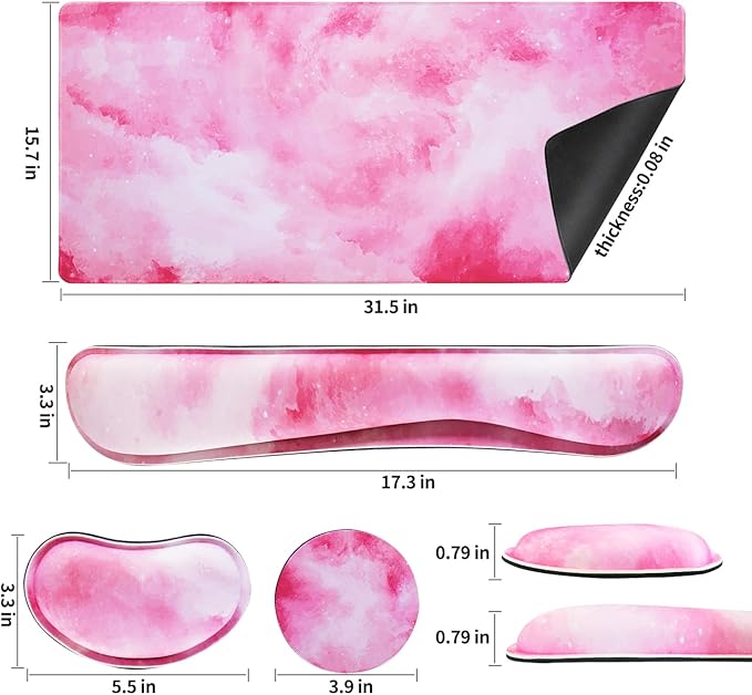 Bloss Pink Mouse Pad+Wrist Rest, 4-in-1 Larg Desk Pad Mat, Anti-Slip Keyboard Pad, Gaming Mouse Pad, Cute Desk Accessories for Keyboard and Mouse-Pink Clouds (31.5 x 15.7 Inches)
