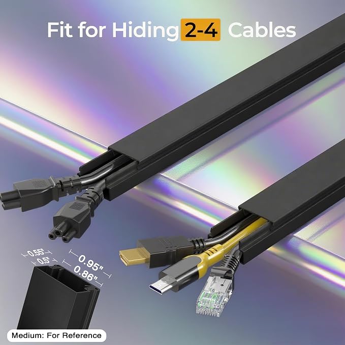 113.4in Cord Hider Kit, Cord Covers for 2-4 Wires on Wall, Self-Adhesive Cable Hider Wire Covers for Cords on Wall, Easy Set-up Cord Hider for Walls Mount Tv, Cable Cover Raceway, W0.95 H0.55in, Black - Image 2