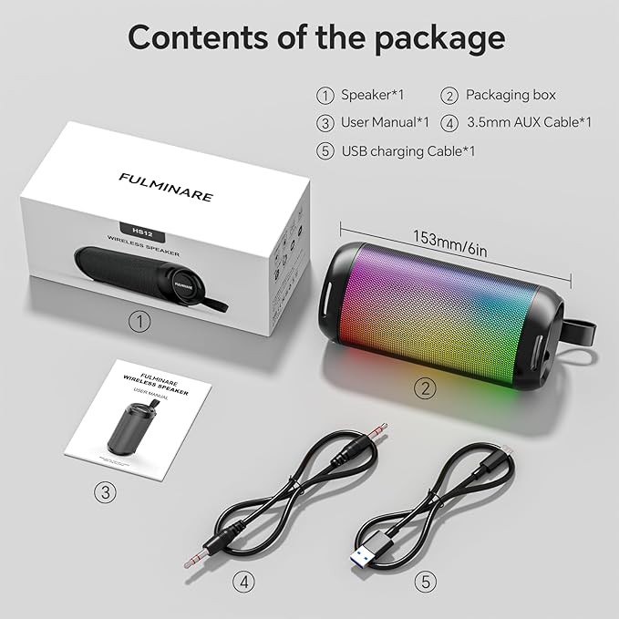FULMINARE Bluetooth Speaker Wireless TWS Pairing 26W HD Loud Stereo Portable Speakers Bluetooth 6.0 with 16H Playtime, RGB LED Light, IPX5 Waterproof for Home Outdoor Party Gift Black