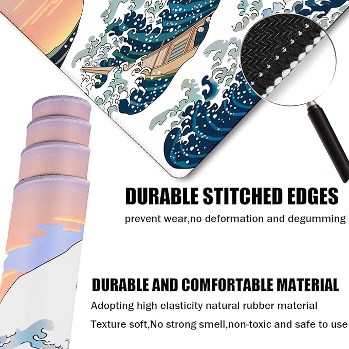 Japanese Large Mouse Pad, DeskMat Office Desk Pad, Extended Large MouseMat for PC, Stitched Edges Gamer Mousepad 31.5 X 15.7 Inch Long Mice Pad, Sunset Sea