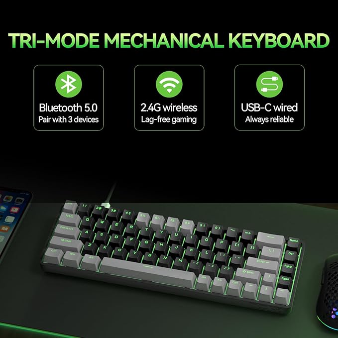 TMKB T68 60% Wireless Mechanical Gaming Keyboard, Tri-Mode BT5.0/2.4GHz/USB-C with Red Linear Switch, RGB Backlight, Anti-Ghosting, Compact 68 Keys, Wired/Wireless, Gray/Black
