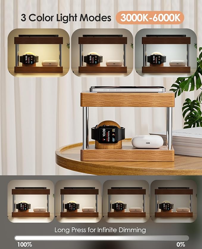 Bamboo Wireless Charging Station with Light: Ideal Gifts for Her Him 4 in 1 Charging Station for Multiple Devices, Bedside Wireless Charger for iPhones 16-8/Pro/AirPods/iWatch