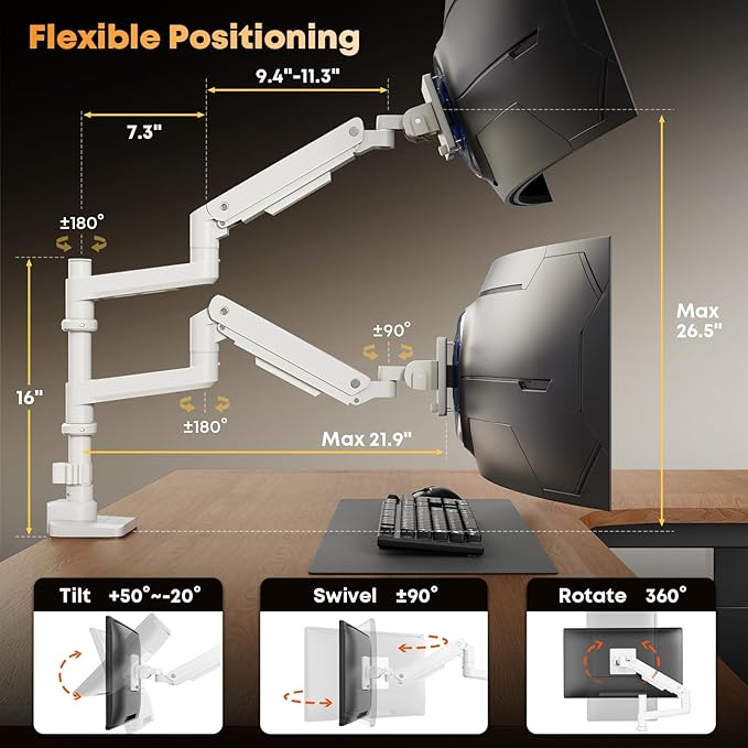 PUTORSEN 17-49”Premium Aluminum Heavy Duty Dual Monitor Arm for Ultrawide Screens up to 44lbs, Vertical Stacked Dual Monitor Desk Mount, Full Motion Dual Vertical Monitor Mount, VESA 75/100, White