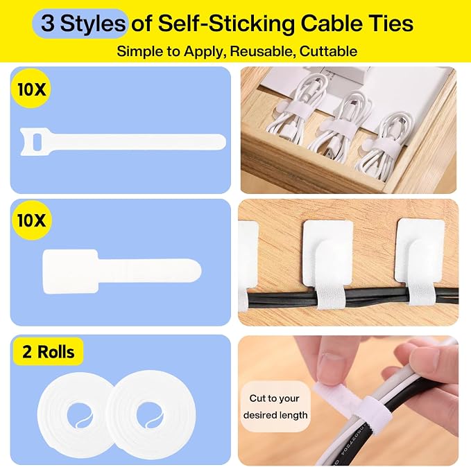 [313Pcs] Cable Management Kit, 67 Adhesive Cable Clips, Topavatop Desk Cord Organizer, 22 Reusable Cable Strap, 4 Cable Sleeve Split, 200 Nylon Cable Zip Ties with 20 Mounts for TV Office Home, White - Image 5