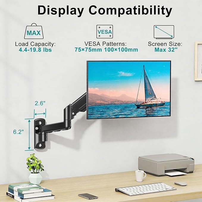 MOUNT PRO Monitor Wall Mount for 13 to 32 Inch Computer Screens, Single Monitor Mount with Tilt/Swivel/Rotation Adjustable, Gas Spring Wall Arm Holds up to 19.8lbs, Vesa Wall Mount 100x100