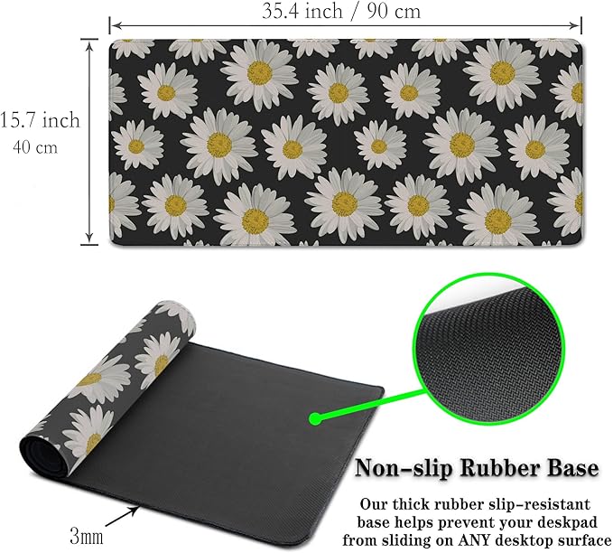 Big Mouse Pad Black Desk Pad Large Gaming Mousepads Pc Mouse Pads Office Items Non-Slip Rubber Base Waterproof with Stitched Edges 35.4 X 15.7 for Game Office, White Daisies