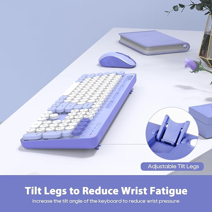 Wireless Keyboard and Mouse Combo, Retro Round Keycaps, Cute Full-Size Typewriter Keyboard with Phone Holder, Sleep Mode, Click Soft, 2.4GHz Cordless Connection for Windows/PC/Laptop