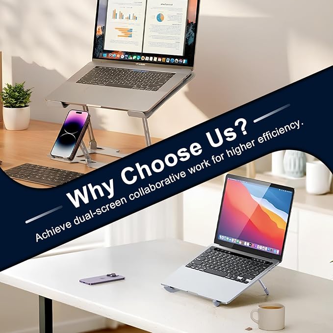 Alloy Steel Laptop Stand, Ergonomic 2-in-1 Laptop & Phone Stand, Adjustable & Portable Laptop Stand for Desk, Computer Stand, Compatible with MacBook Pro/Air and More 10-18" Laptops - Silver