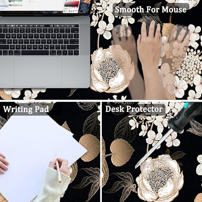 Large Desk Mat, Dual Side PU Leather Waterproof Mousepad Desk Pad, Desk Protector Writing Pads Desk Accessories for Office and Home (C-Black Gold Flower, 35.5''X15.8'')