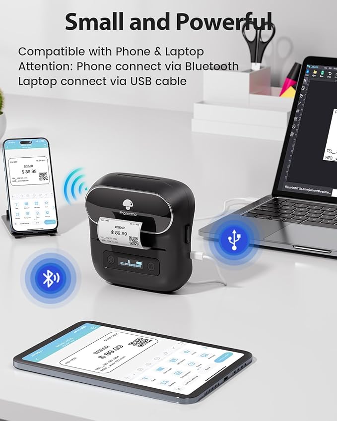 Phomemo M220 Bluetooth Label Maker - 3.14" Portable Thermal Printer with 3 Label, 2200mAh Battery, iOS/Android Compatible, for Small Business Home Office Organization & Barcodes