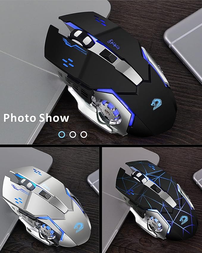 Uciefy Q85 Rechargeable Wireless Gaming Mouse, 2.4G LED Optical Silent Wireless Computer Mouse with 4 LED Light, 3 Adjustable DPI, Ergonomic Design, Auto Sleeping (Silver)