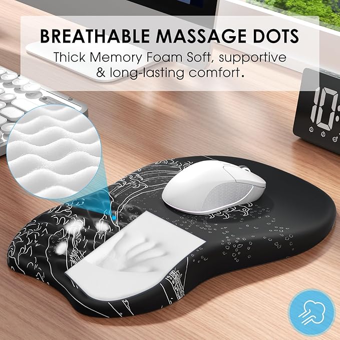 MROCO Ergonomic Mouse Pad with Wrist Support, Wrist Rest Mousepads for Carpal Tunnel Pain Relief, Memory Foam Pad with Massage Bulge and Non-Slip Base for Office, Home, Kanagawa Wave