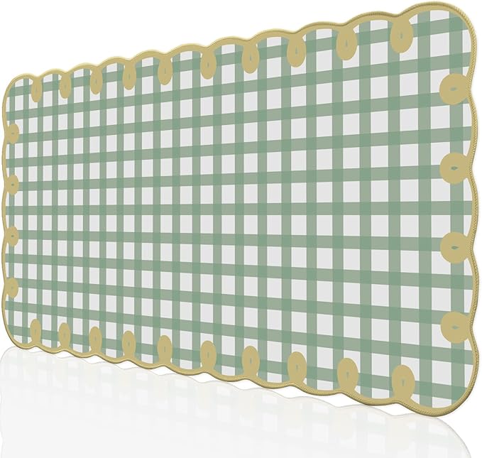 Cute Green Scalloped Desk Mat Checkered Large Mouse Pad Kawaii Vintage Farmhouse-Inspired Rustic Cottagecore Office Desk Decor Stitched Nonslip Pad for Computer Keyboard & Mouse 31 * 15.7in