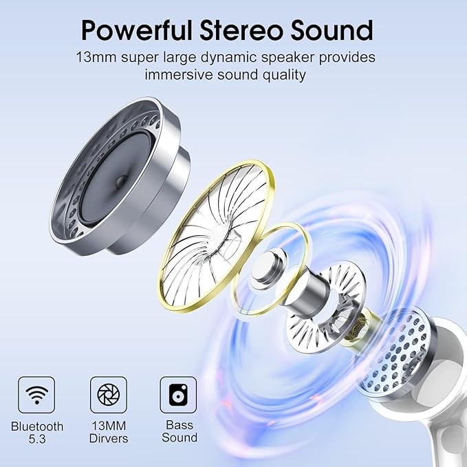 Wireless Earbuds, 2025 Bluetooth Headphones 5.3 HiFi Stereo Earphones, 40H Playtime in-Ear Earbud, Bluetooth Earbud with LED Power Display, IP7 Waterproof Earphones Sport Headset for Android iOS