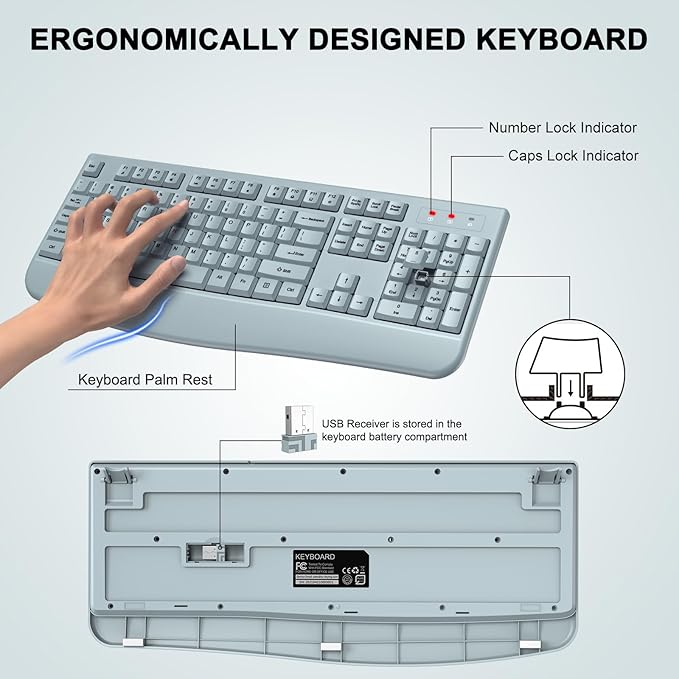 Wireless Keyboard and Mouse Combo, ULSOU 2.4G Full-Sized Ergonomic Computer Keyboard with Wrist Rest and 3 Level DPI Adjustable Wireless Mouse for Windows, Mac OS Desktop/Laptop/PC(Grey)