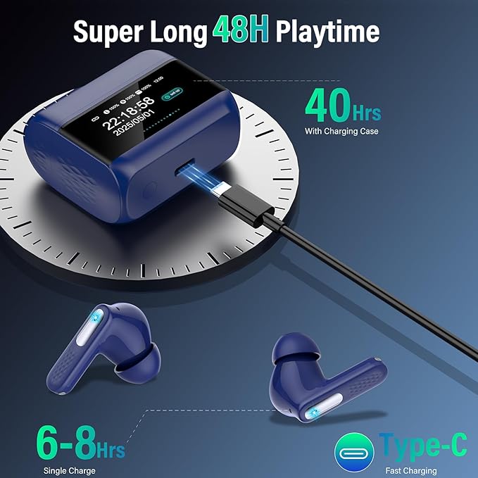 Wireless Earbuds with Touch Screen, Bluetooth 5.4 Headphones, Transparency Mode, IPX7 Earphones Dark Blue