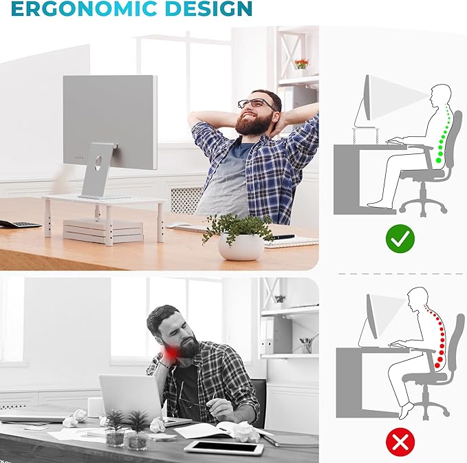 BONTEC Monitor Stand 2 Pack Height Adjustable Metal Riser with Pen Holder, White, 14.5” x 9.1”, Ergonomic Desktop Stand for Computer, Printer, Laptop, Adjustable Desk Riser with Cable Management