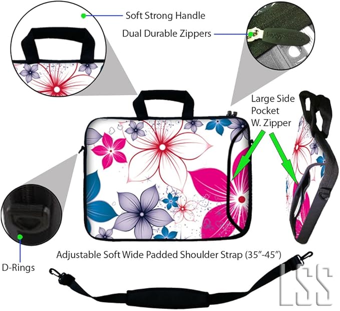 Laptop Skin Shop 15.6 inch Laptop Sleeve Bag Notebook with Extra Side Pocket, Soft Carrying Handle & Removable Shoulder Strap for 14" 15" 15.4" 15.6" Apple MacBook Air, GW, Acer, Aspire Asus, Dell,