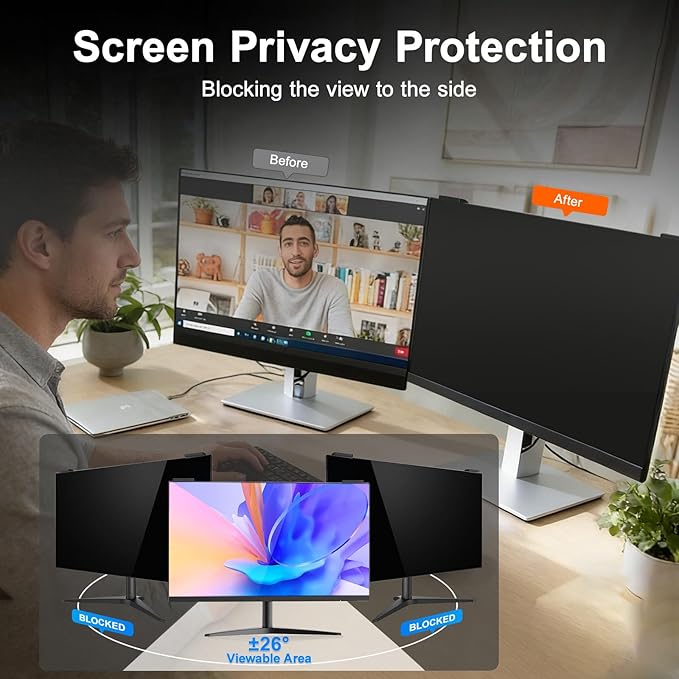 2 Pack 24 Inch Computer Privacy Screen Filter, 9H Hardness Anti-Scratch Shield for 23.6/23.8" Widescreen Monitor(16:9), Hanging Design for Open Office & Cubicle, Reduce Blue Light & Eye Strain