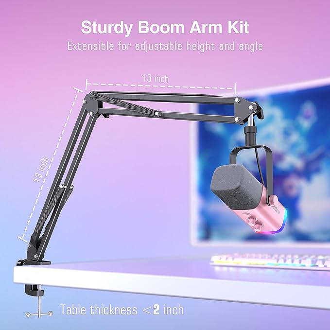 FIFINE XLR Gaming Microphone USB, PC Dynamic Microphone Kit for Vocal, Recording, Podcast, Streaming RGB Mic with Headphone Jack, Mute Button, Boom Arm Stand for Computer/Mixer-AmpliGame AM8T Pink