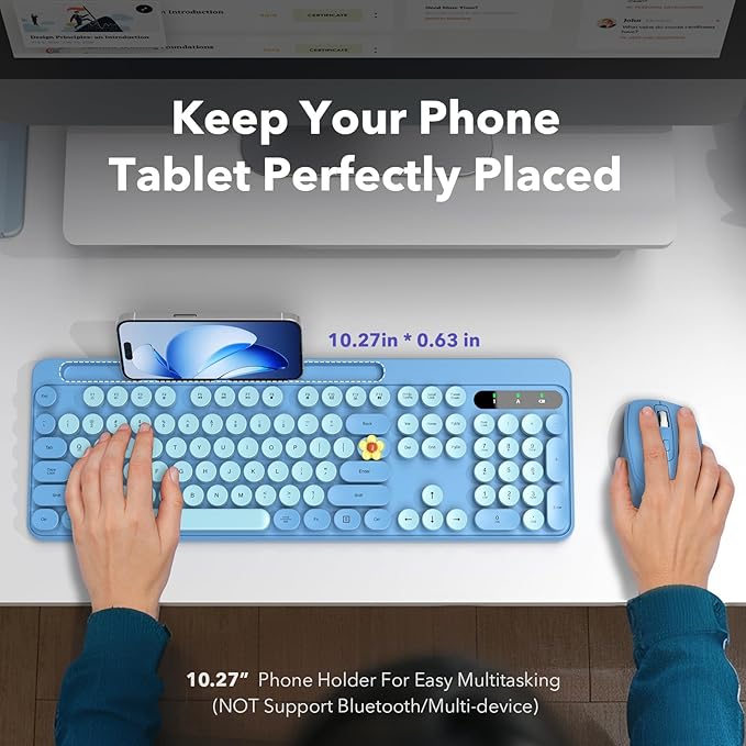 Wireless Keyboard and Mouse Combo, Retro Round Keycaps, Full-Size Cute Typewriter Keyboard with Large Phone/Tablet Holder, Auto-Sleep, 2.4GHz Cordless Connection for Windows/PC/Laptop (Sky Blue)