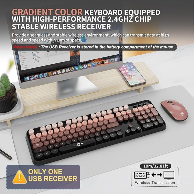FOPETT Wireless Keyboard and Mouse Combo, 104 Keys Full-Sized 2.4 GHz Round Keycap Colorful Keyboards, USB Receiver Plug and Play, for Windows, Mac, PC, Laptop, Desktop (GradientPink)