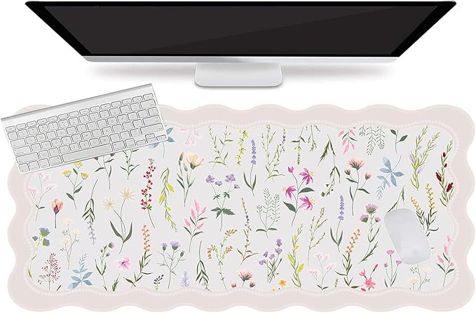 L-SPOUTTO Floral Mouse Pad,Botanical Desk Mat XXL Large Scalloped Gaming Mousepad,35.4x15.7in Non-Slip Keyboard Pad Waterproof Desktop Mat for Laptop Computer Work Game Home Office-Wild Flowers