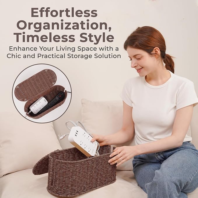 Cable Management Box, Handmade Rattan Cable Organizer, 2 Open Slots Cords Hider Box, Under Desk Cord Organizer for Computer Router USB Hub & Power Strip, Patent Pending, 15.9" x 6.5" x 6.5", Brown - Image 6