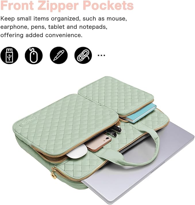 MOSISO 360 Protective Laptop Case 13.3 inch, 13-13.3 inch Laptop Sleeve Compatible with MacBook Air/Pro 13/Pro 14,HP Dell ASUS Lenovo, Square Quilted Bag Cover with 2 Pockets&Handle&Belt, Sage Green
