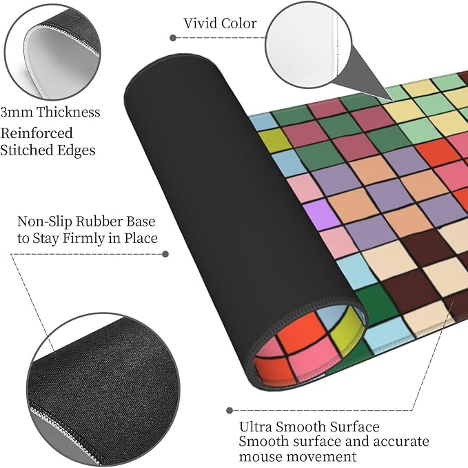 Colorful Checkered Cute Gaming Mouse Pad Desk Mat for Home and Office, Large Mousepad Extended Keyboard Pad Stitched Edge Accessories Decor