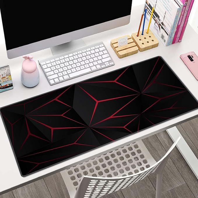 Mouse Pad Gaming, Large Mouse Pads for Desk, Keyboard Mouse Mat Desk Pad, Non-Slip Rubber Base with Stitched Edges Mousepad, 31.5x11.8 inch Abstract Polygonal Triangle Dark Red