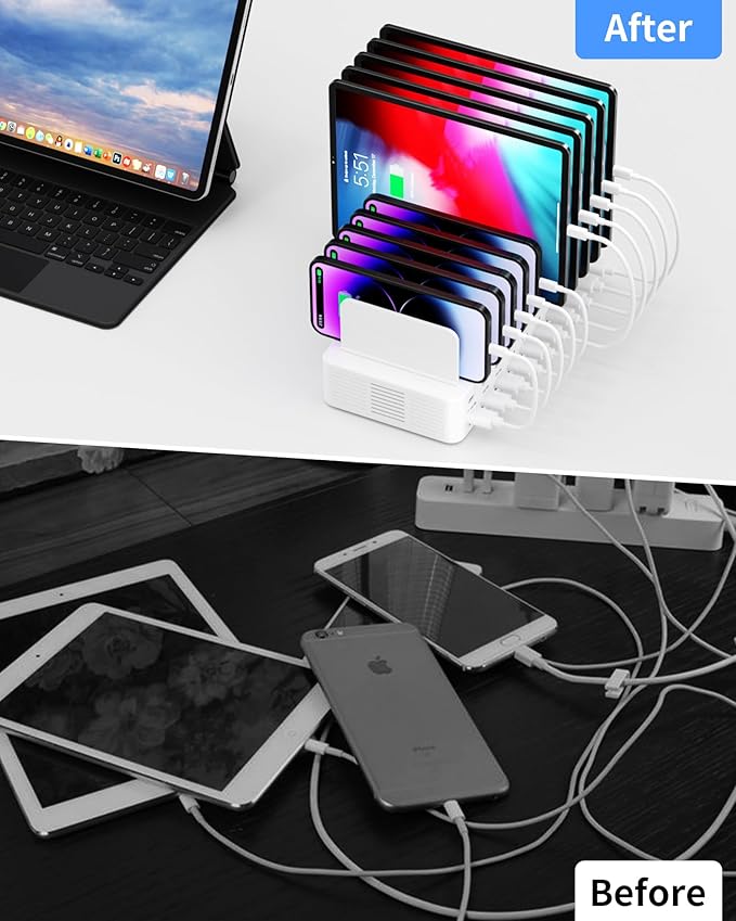 270W Charging Station for Multiple Devices, 20-Port USB Fast Charging Station with Adjustable Dividers & 10 Cables, Multi Device Organizer Charging Dock for iPhone, iPad, Tablets & More(White)