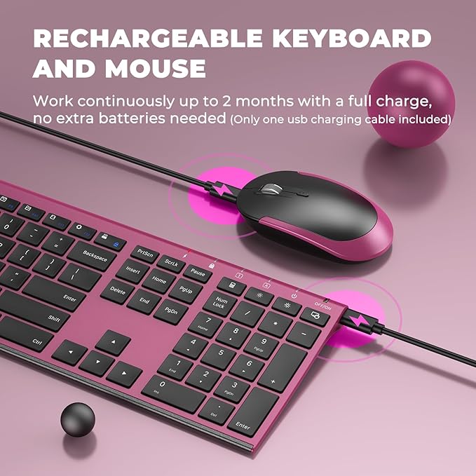 Rechargeable Wireless Keyboard and Mouse Combo, Vssoplor 2.4GHz Ultra Quiet & Slim Full Size Keyboard with 3-Level DPI Mouse for Windows PC Laptop, Black and Wine Red