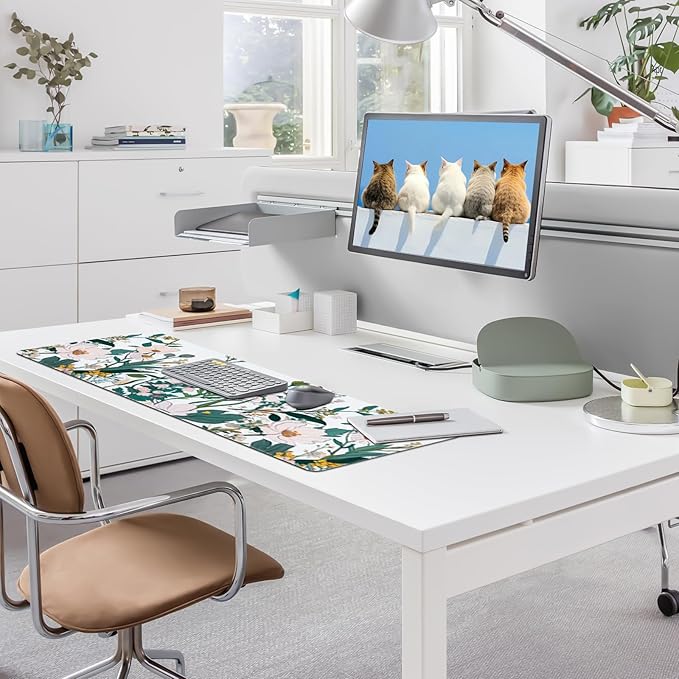 Floral Desk Mat, Desk Matt for Desktop Non-Slip, Large Mouse Pad with Stitched Edges, XL Computer Desk Mat for Women Office Decor (Yellow, 31.5" x 15.7")