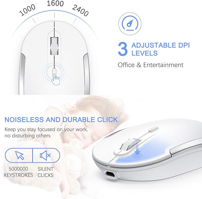 Wireless Keyboard and Mouse, Vssoplor 2.4GHz Rechargeable Compact Quiet Full-Size Keyboard and Mouse Combo with Nano USB Receiver for Windows, Laptop, PC, Notebook-White Silver