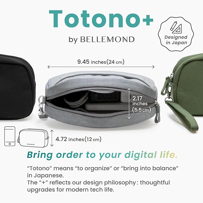 BELLEMOND「Totono+」| Cord Organizer Tech Pouch | Travel Electronics Organizer Case for Cables & Chargers | Hidden AirTag Slot & Cable Pass-Through | Designed in Japan | Bamboo Green