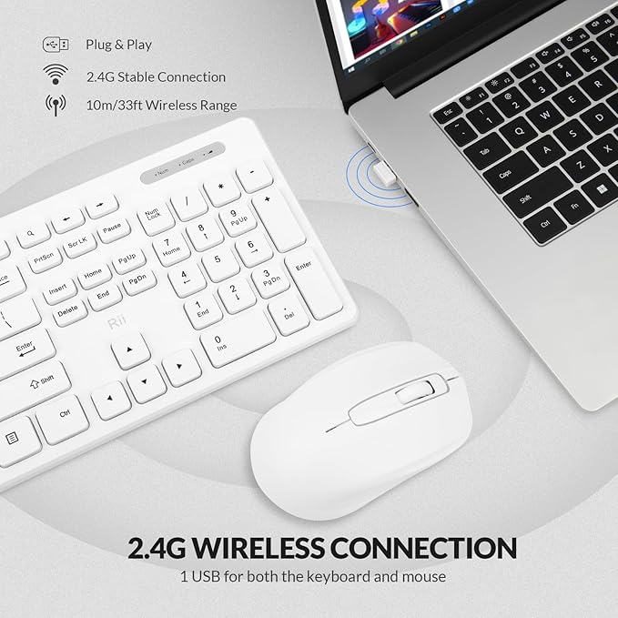 Wireless Keyboard and Mouse Combo - Rii Standard Office PC Keyboard and Optical Wireless Mice (White)
