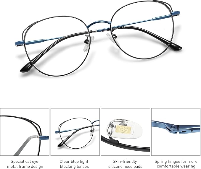 SOJOS Cat Eye Blue Light Blocking Glasses for Woman Hipster Metal Frame Womens Eyeglasses She Young SJ5027