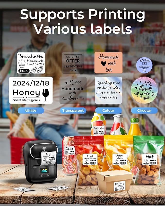 Phomemo Label Maker - M110 Address Label Printer Bluetooth Thermal Printer for Business, Office, School, Home-use, Barcode, Logo, Clothing Labels, with 3 Label Roll, Black