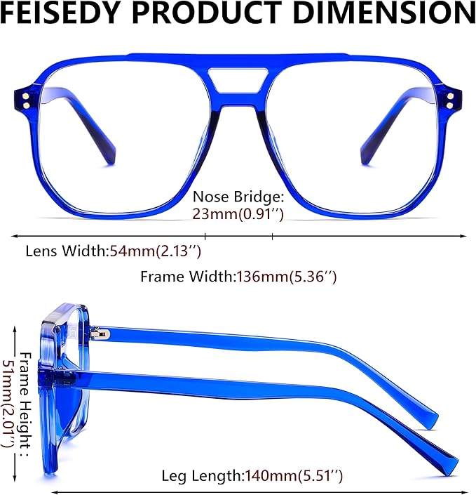 FEISEDY Blue Light Blocking Glasses Fake Nerd Clear Square Computer Lightweight Pilot Glasses Frame Oversized B2866