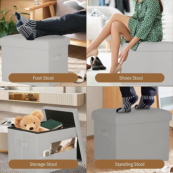 BelugaHelper Folding Storage Ottoman. Foot Rest Stool with Thicker Foam Padded Seat. 330 lbs Leather Ottoman with Storage Bench for Living Room, Bedroom, Home Office Table, 17x13x13in, Grey