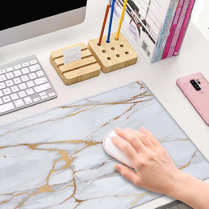 Desk Mat White Golden Marble Texture Large Keyboard Mouse Pad for Laptop PC Setup Desk Cover Protector Desk DéCor for Office Home Work Gaming 31.5" X 11.8" Stitched Edge Non-Slip Design