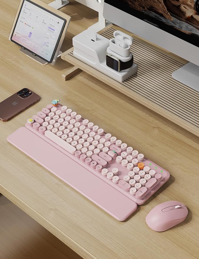 Wireless Keyboard and Mouse Combo, Typewriter Keyboard with Detachable Wrist Rest, Full-Size Retro Round Keycaps, Smart-Sleep, 2.4GHz Stable Connection for Mac/Windows/PC, Trueque(Dusty Rose)