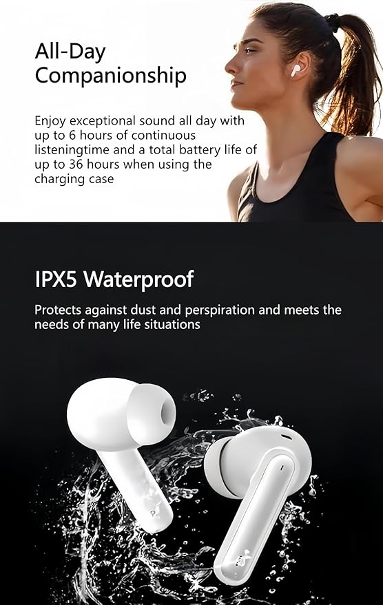Wireless Earbuds Bluetooth V5.3 2025 Headphones 36H Playback Deep Bass Stereo Ear Buds with LED Power Display Charging Case IPX5 Waterproof Earphones with Mic Headset (Black) (White)
