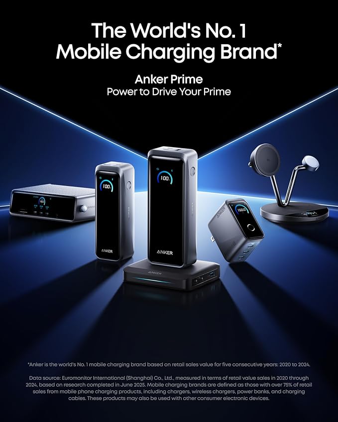 Anker Prime Charger,160W 3-Port Compact GaN USB C Charger Block,Smart Display and Touch Control,Up to 140W Single‑Port Charging,for MacBook Pro,Laptop,iPhone 17 Series(Cable Not Included,Non-Battery)