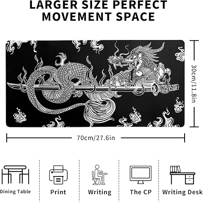 Dragon Gaming Mouse Pad Black Large Mouse Pad for Keyboard and Mousepad Desk Mat with 3mm Non-Slip Base and Stitched Edge for Gaming and Office Computer Mat Protector Mat 27.6x11.8 Inch